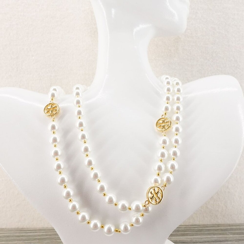 Tory Burch Gold Plated Beaded Long Pearl Station Chain Necklace Gold/ Ivory OS - Picture 10 of 12
